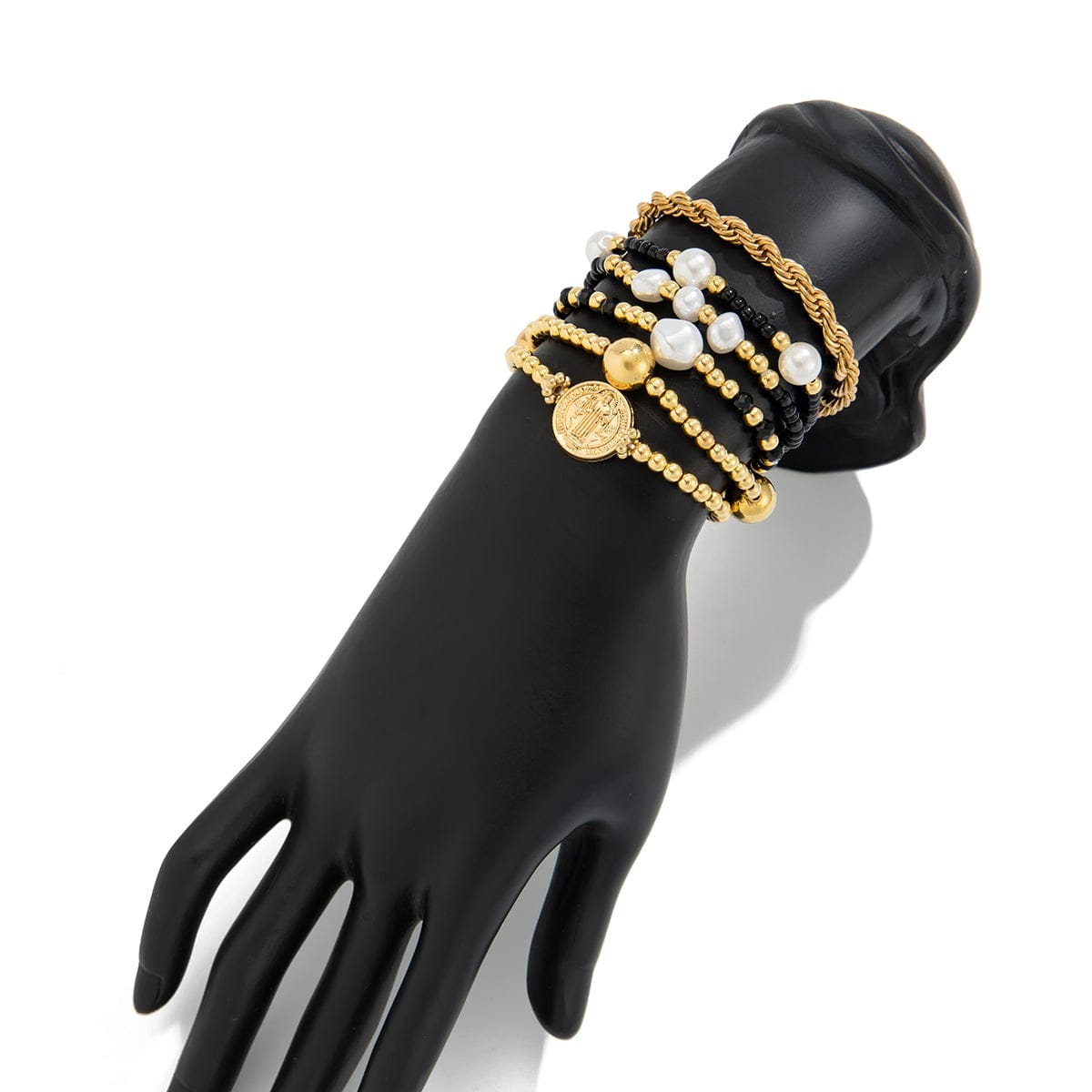 6 Pcs Pattern Round Disk Pearl Charm Crystal Seed Beaded Bracelet Set - ArtGalleryZen