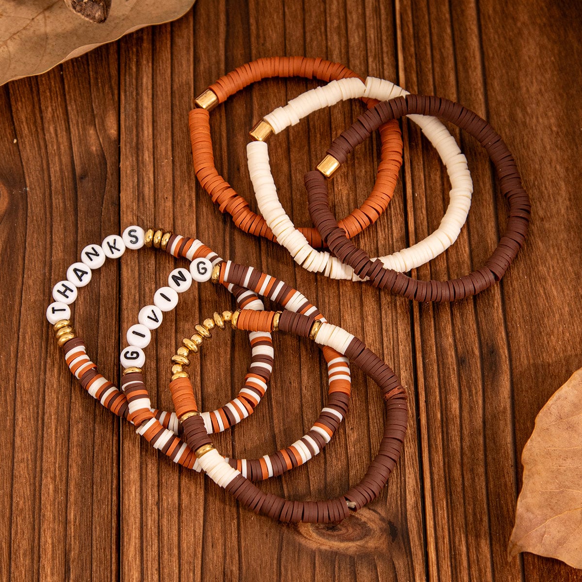 6 Pcs Thanksgiving Themed Polymer Clay Letter Beaded Stackable Bracelet Set - ArtGalleryZen