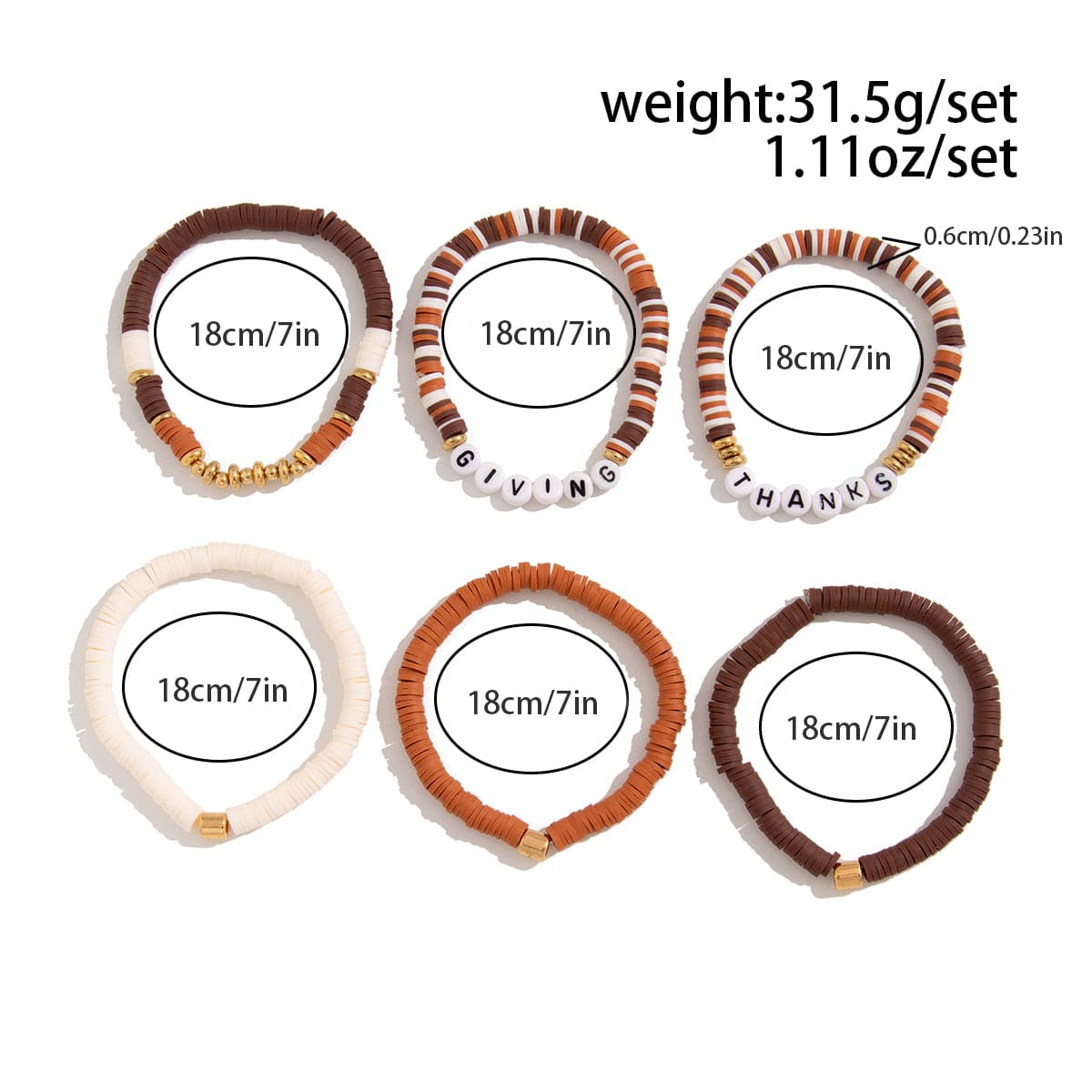 6 Pcs Thanksgiving Themed Polymer Clay Letter Beaded Stackable Bracelet Set - ArtGalleryZen