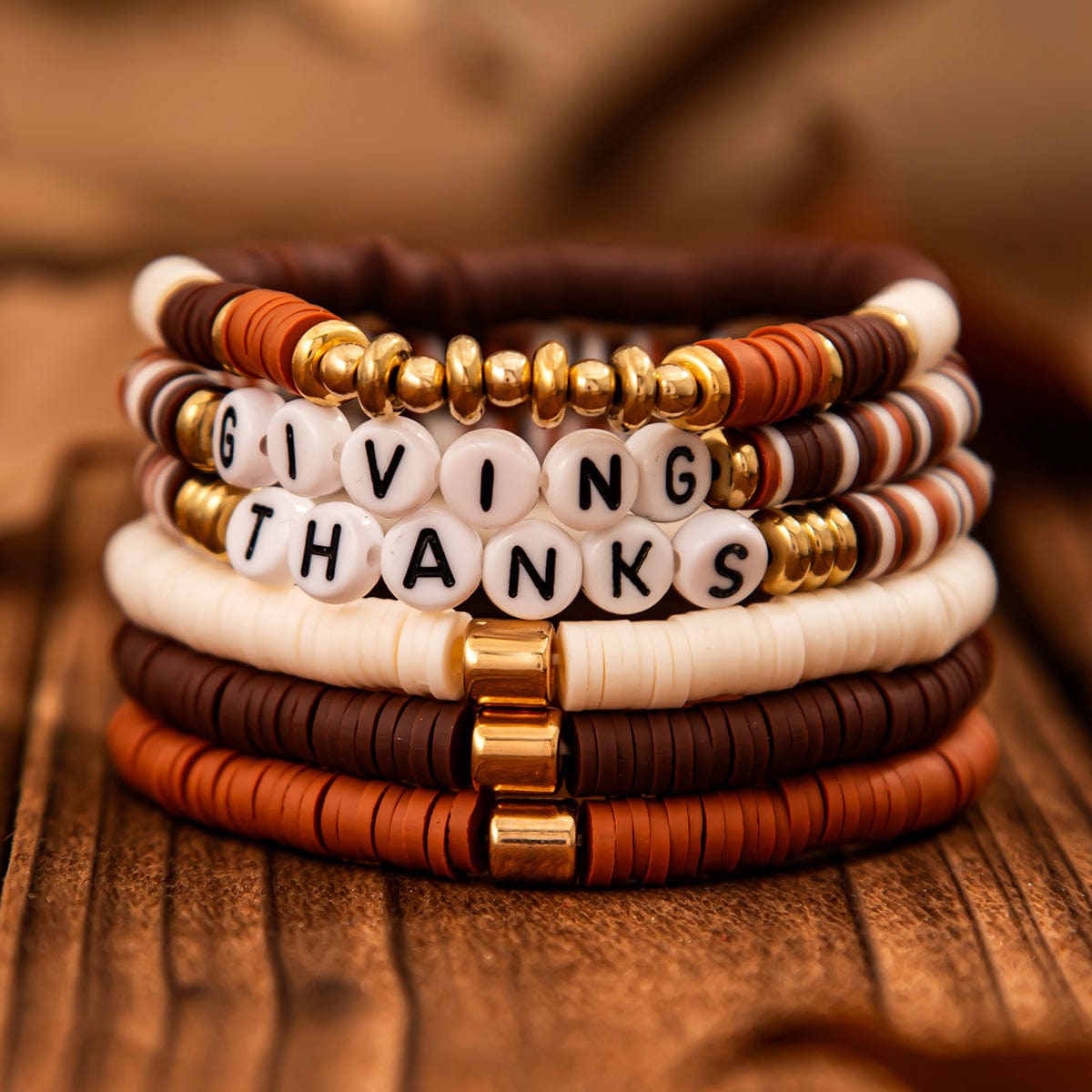 6 Pcs Thanksgiving Themed Polymer Clay Letter Beaded Stackable Bracelet Set - ArtGalleryZen