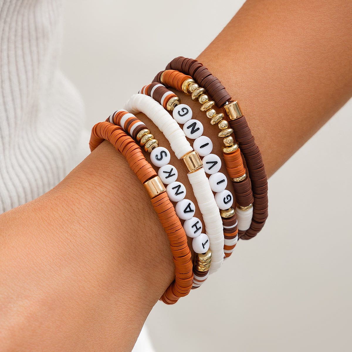 6 Pcs Thanksgiving Themed Polymer Clay Letter Beaded Stackable Bracelet Set - ArtGalleryZen