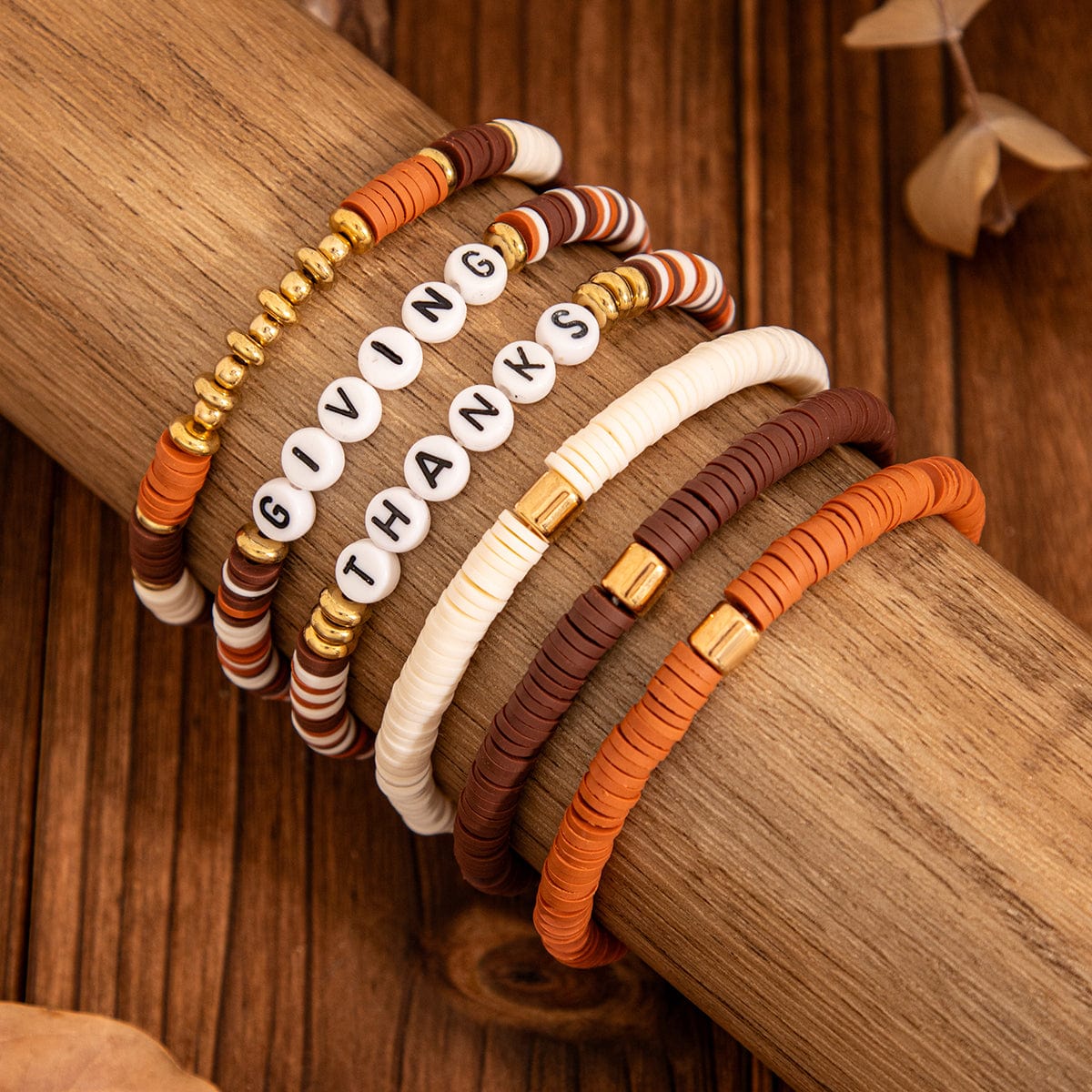 6 Pcs Thanksgiving Themed Polymer Clay Letter Beaded Stackable Bracelet Set - ArtGalleryZen
