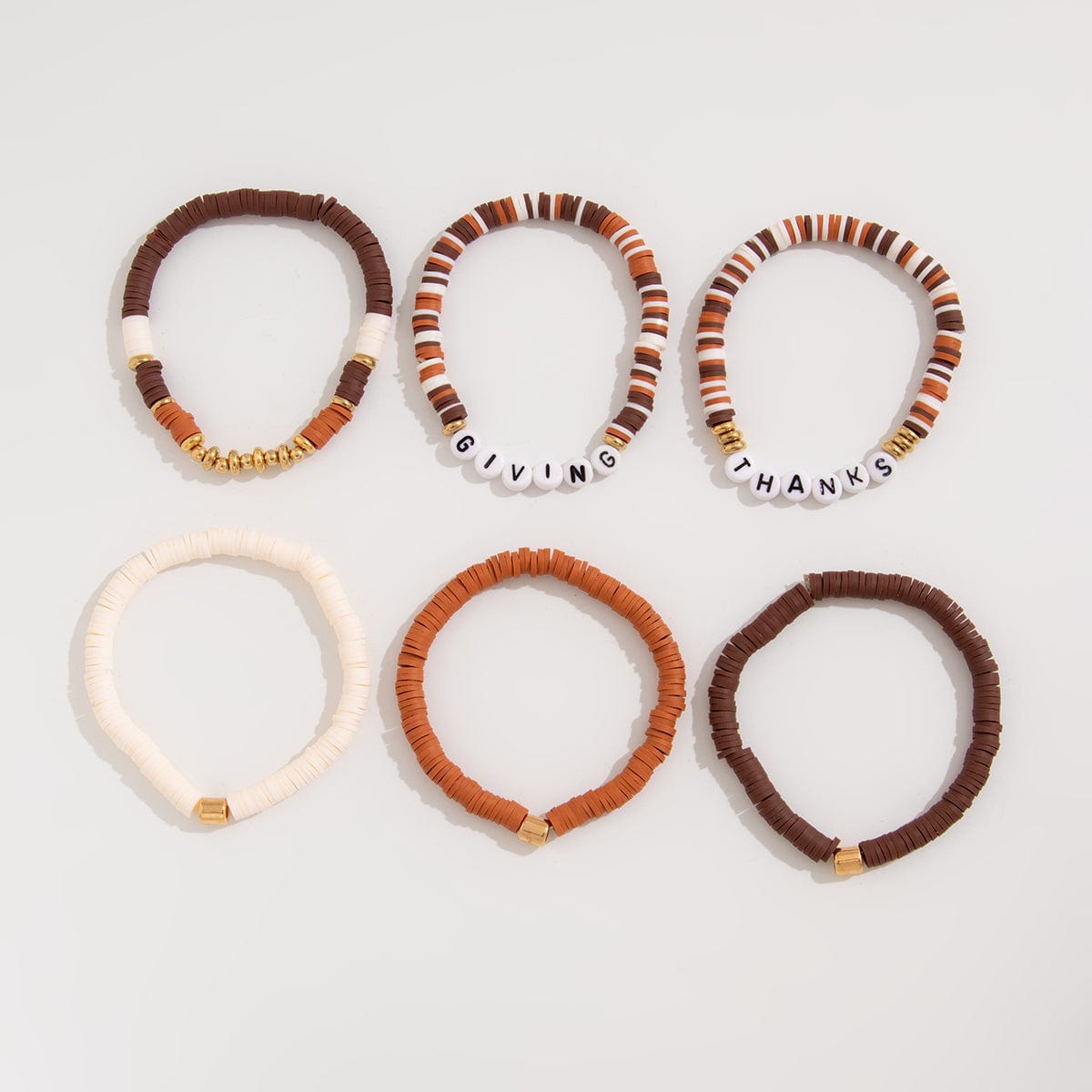 6 Pcs Thanksgiving Themed Polymer Clay Letter Beaded Stackable Bracelet Set - ArtGalleryZen