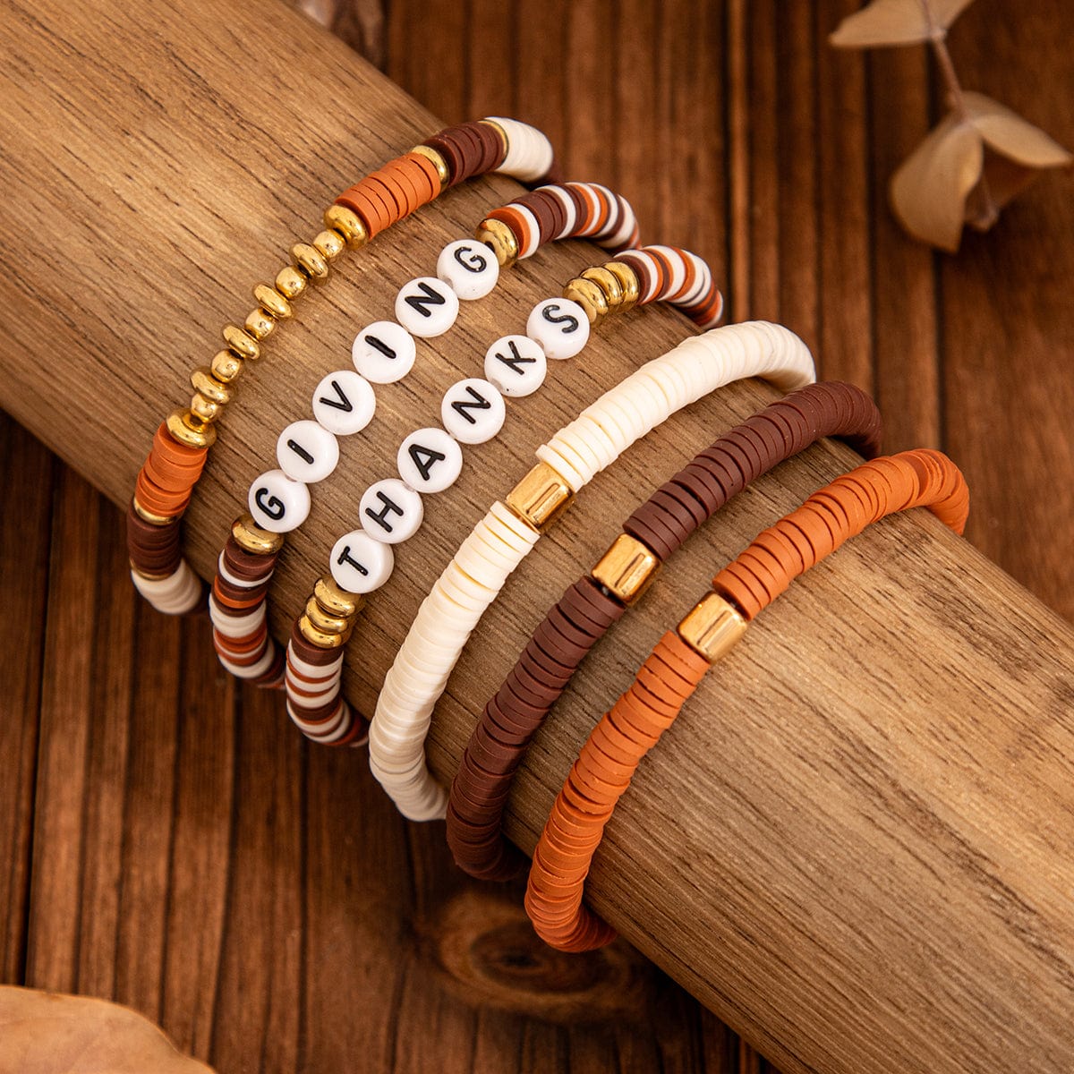 6 Pcs Thanksgiving Themed Polymer Clay Letter Beaded Stackable Bracelet Set