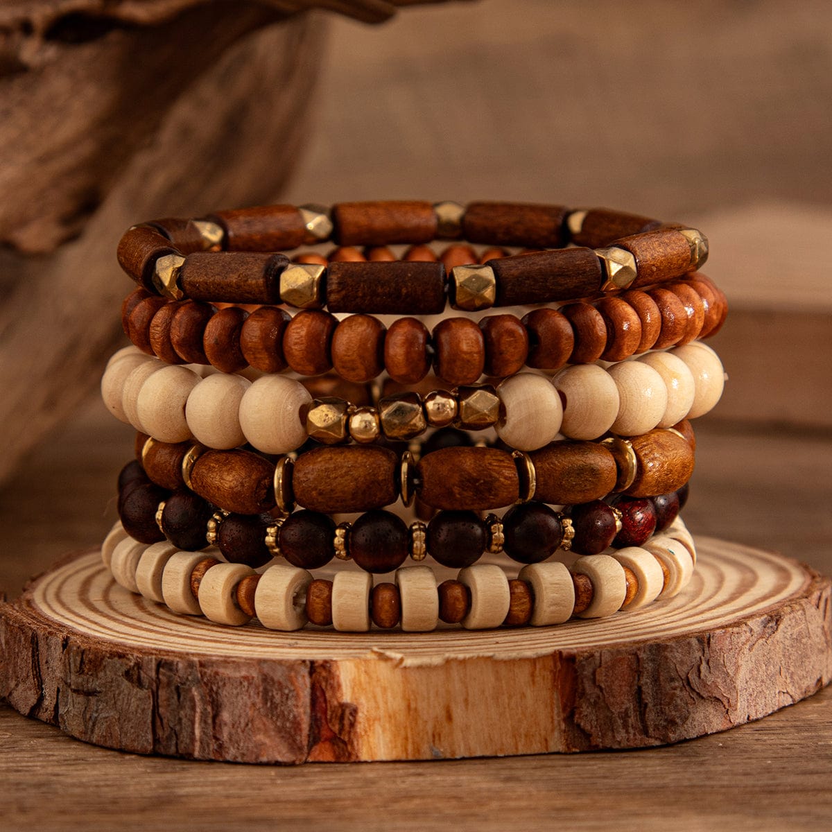 6 Pcs Vintage Wood Beaded Strench Bracelet Set - ArtGalleryZen