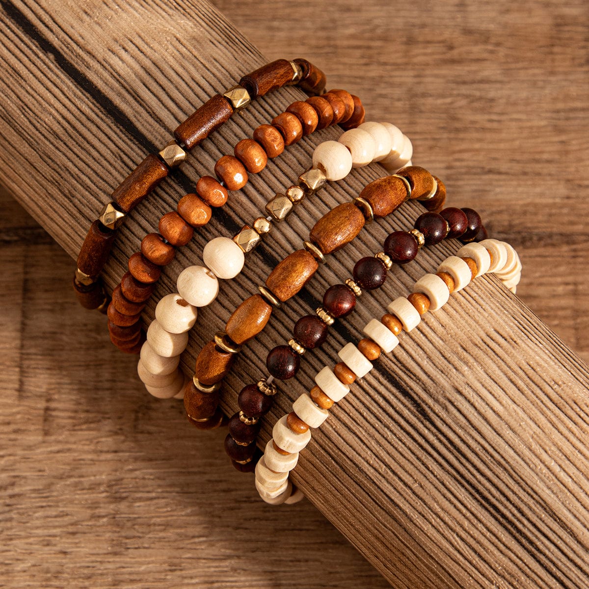 6 Pcs Vintage Wood Beaded Strench Bracelet Set - ArtGalleryZen
