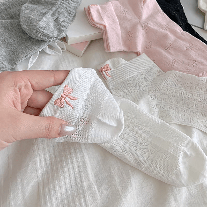 6 Pieces Solid Color Bow Socks - ArtGalleryZen