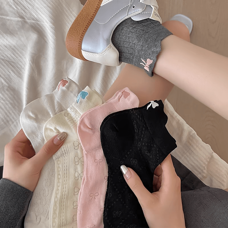 6 Pieces Solid Color Bow Socks