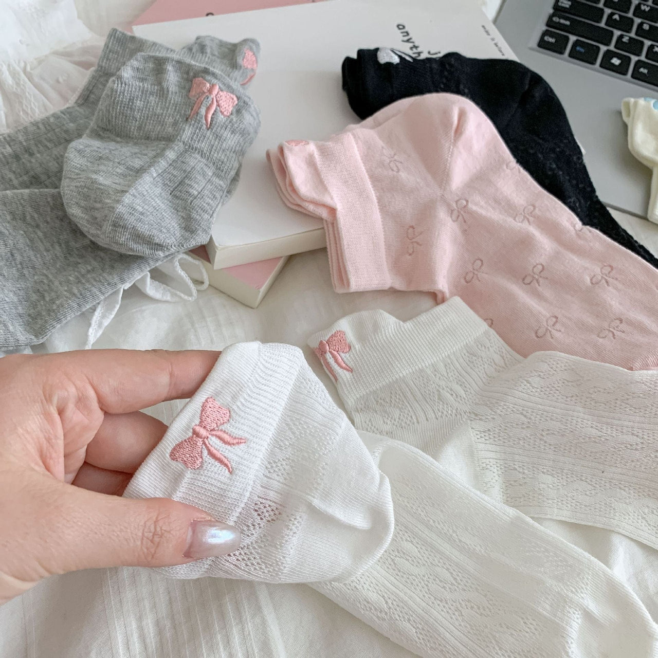 6 Pieces Solid Color Bow Socks