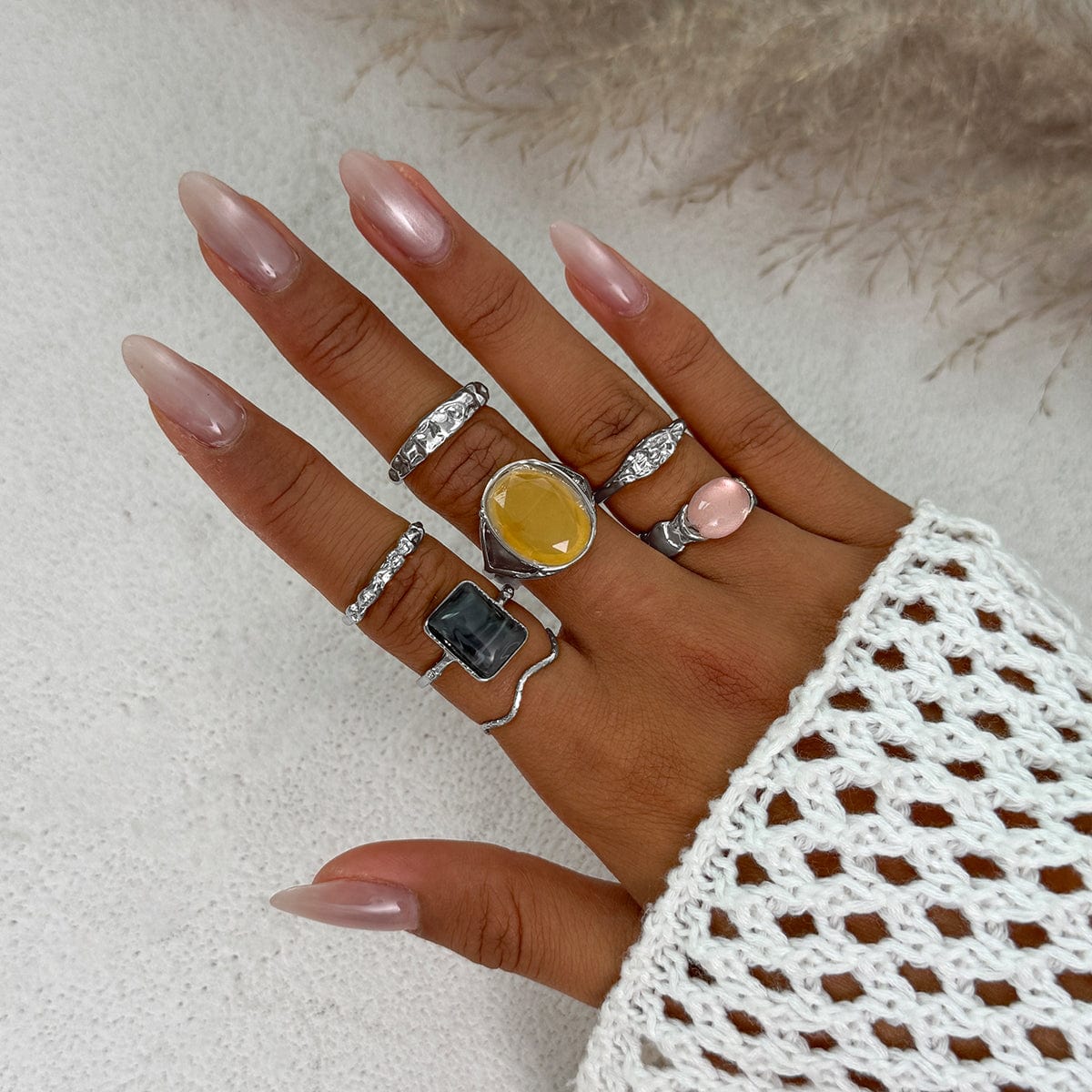 7 Pcs Baroque Gold Silver Tone Crystal Inlaid Pleated Ring Set - ArtGalleryZen