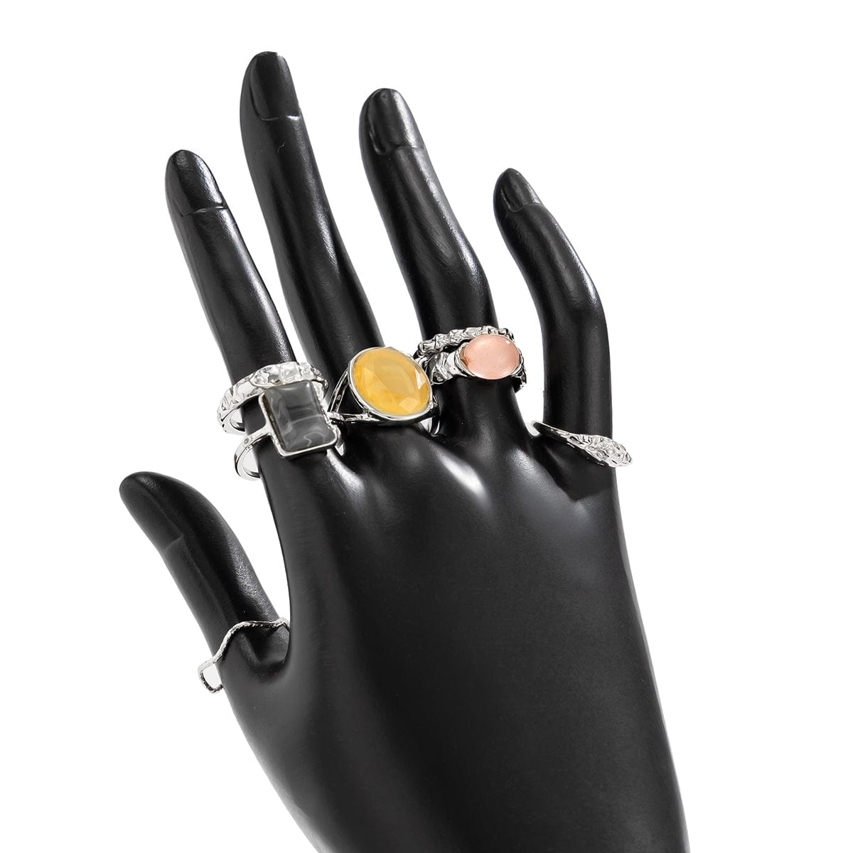 7 Pcs Baroque Gold Silver Tone Crystal Inlaid Pleated Ring Set - ArtGalleryZen