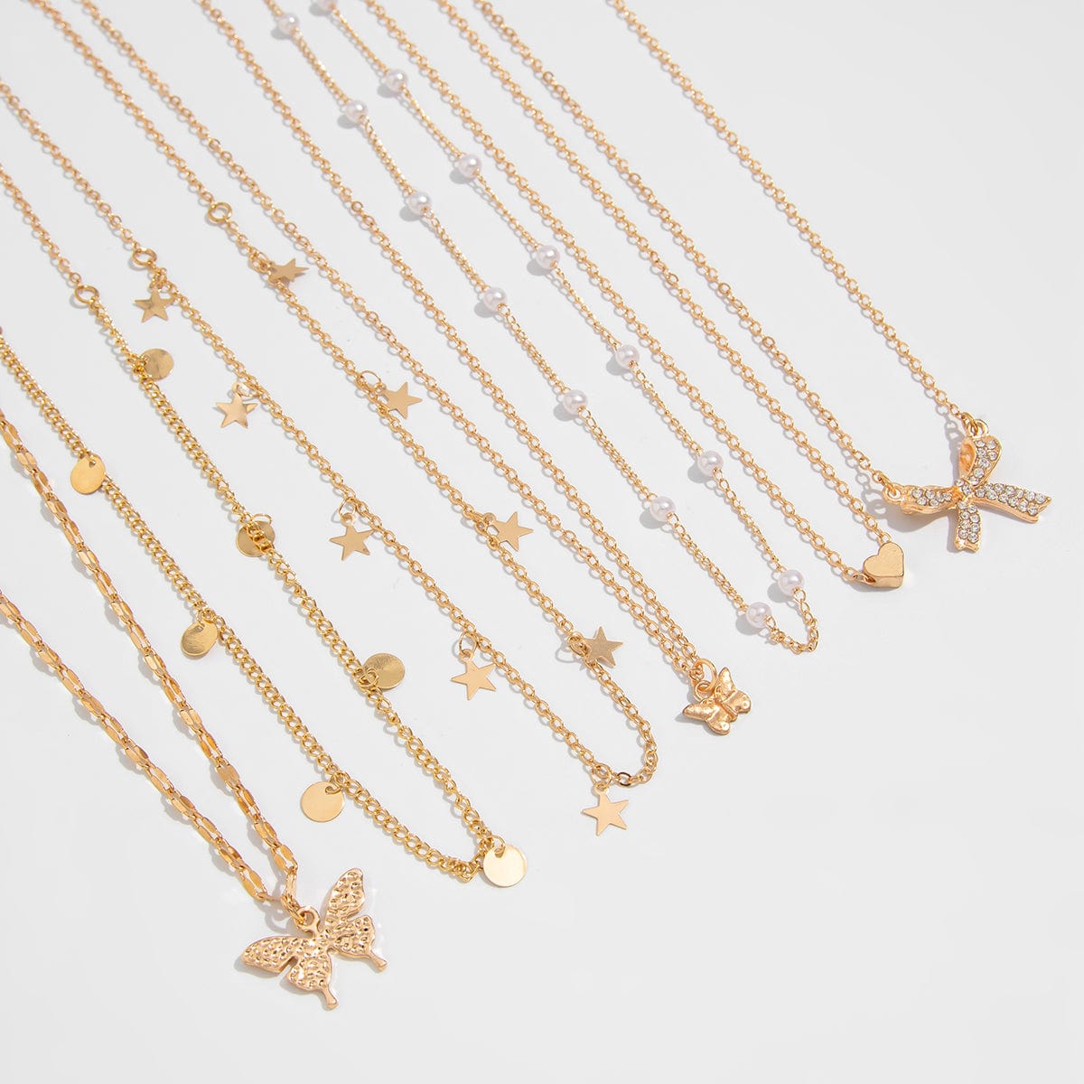 7 Pcs Rhinestone Inlaid Butterfly Star Sequin Tassel Pearl Chain Necklace Set - ArtGalleryZen