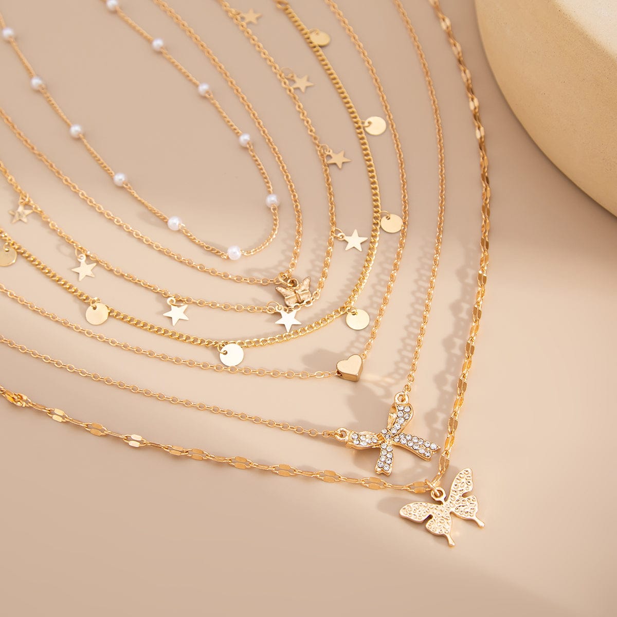 7 Pcs Rhinestone Inlaid Butterfly Star Sequin Tassel Pearl Chain Necklace Set - ArtGalleryZen