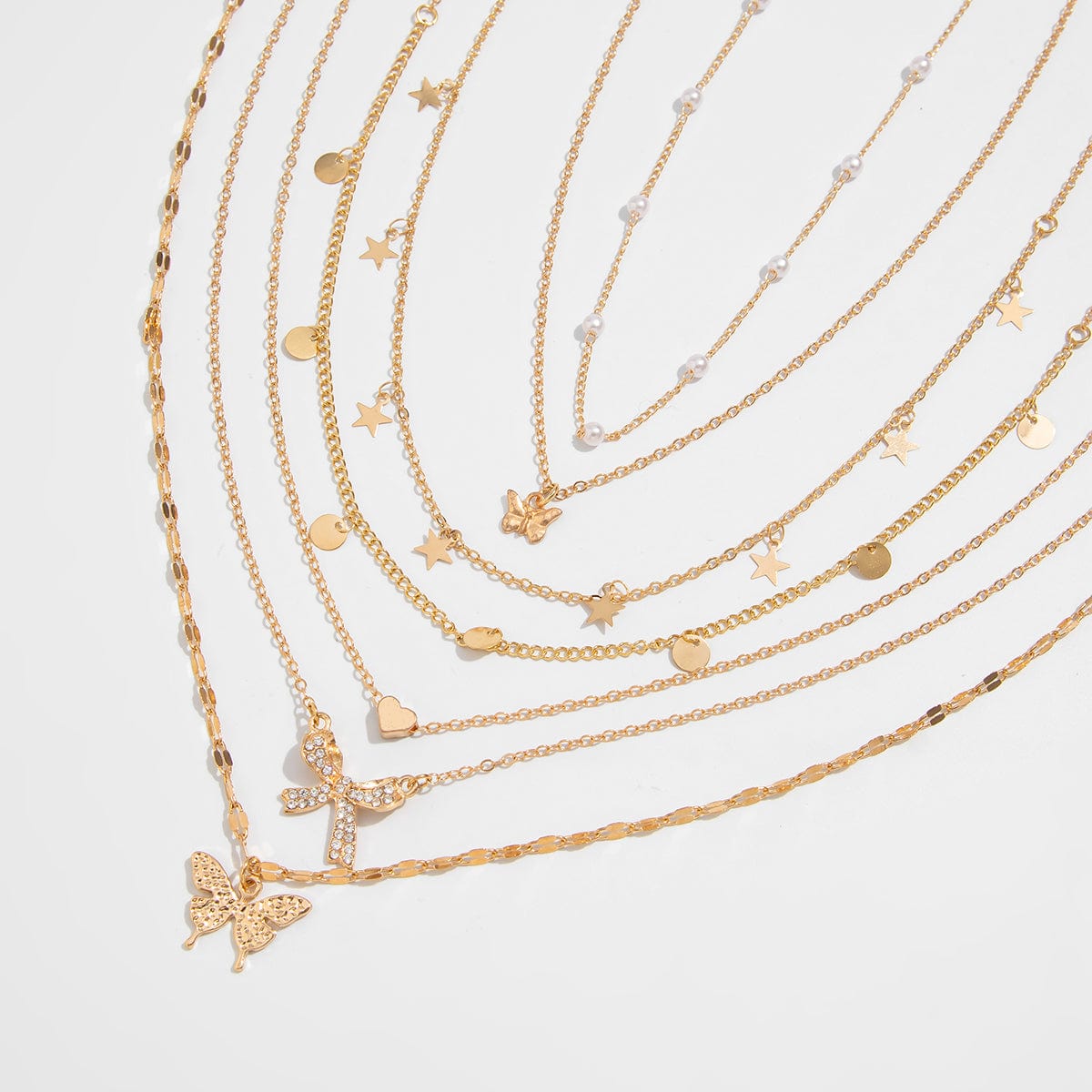 7 Pcs Rhinestone Inlaid Butterfly Star Sequin Tassel Pearl Chain Necklace Set - ArtGalleryZen