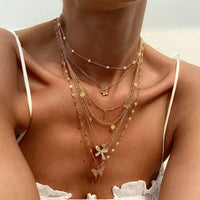 Thumbnail for 7 Pcs Rhinestone Inlaid Butterfly Star Sequin Tassel Pearl Chain Necklace Set - ArtGalleryZen