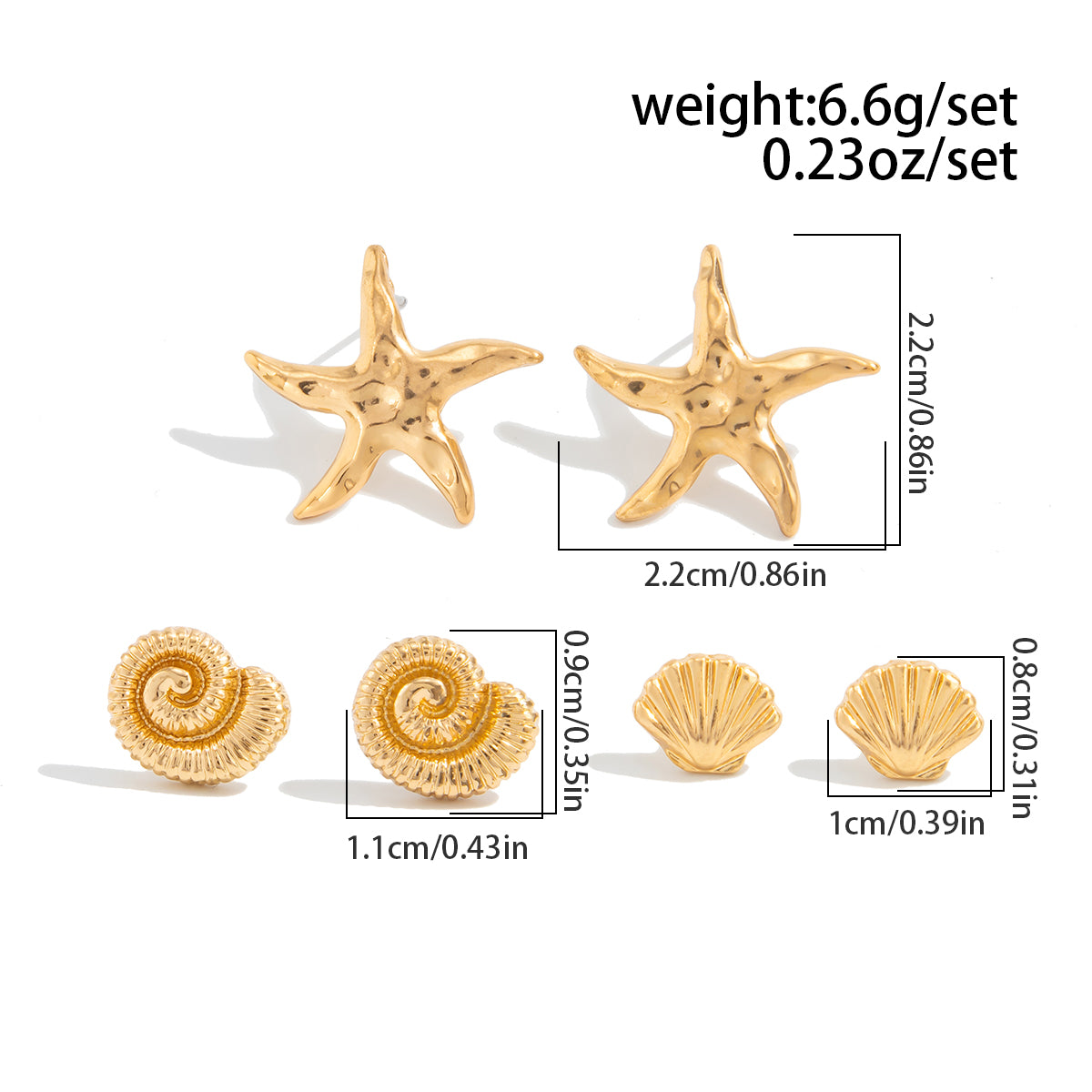 Boho 3 Pairs Gold Silver Tone Conch Shell Starfish Earrings Set