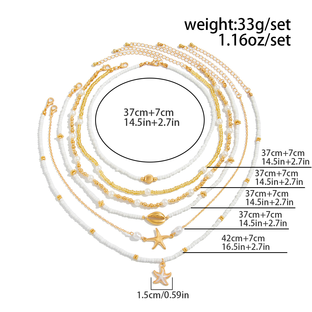 Boho Layered Enamel Starfish Conch Shell Charm Seed Beaded Necklace Set