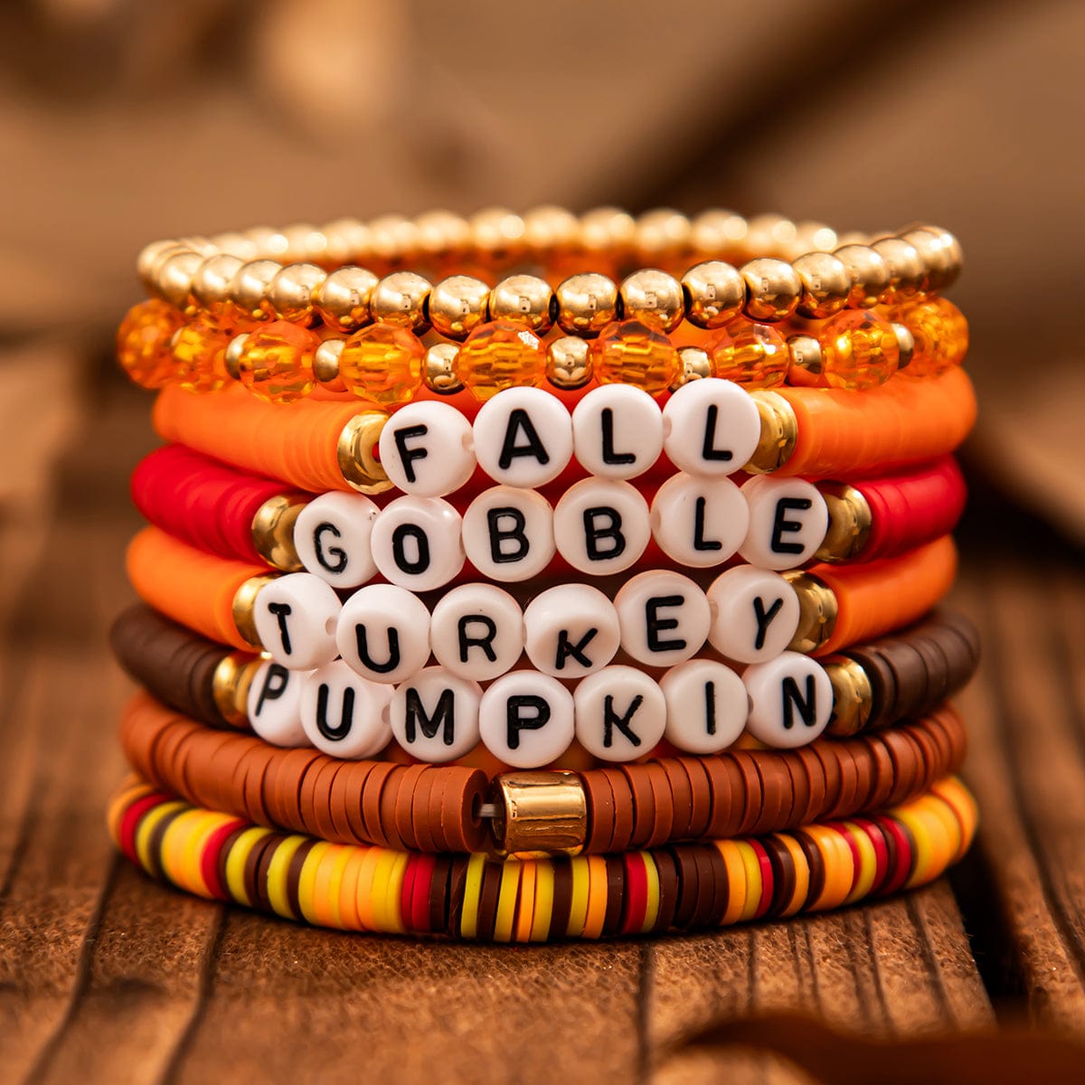 8 Pcs Thanksgiving Theme Crystal Letter Polymer Clay Beaded Stackable Bracelet Set - ArtGalleryZen