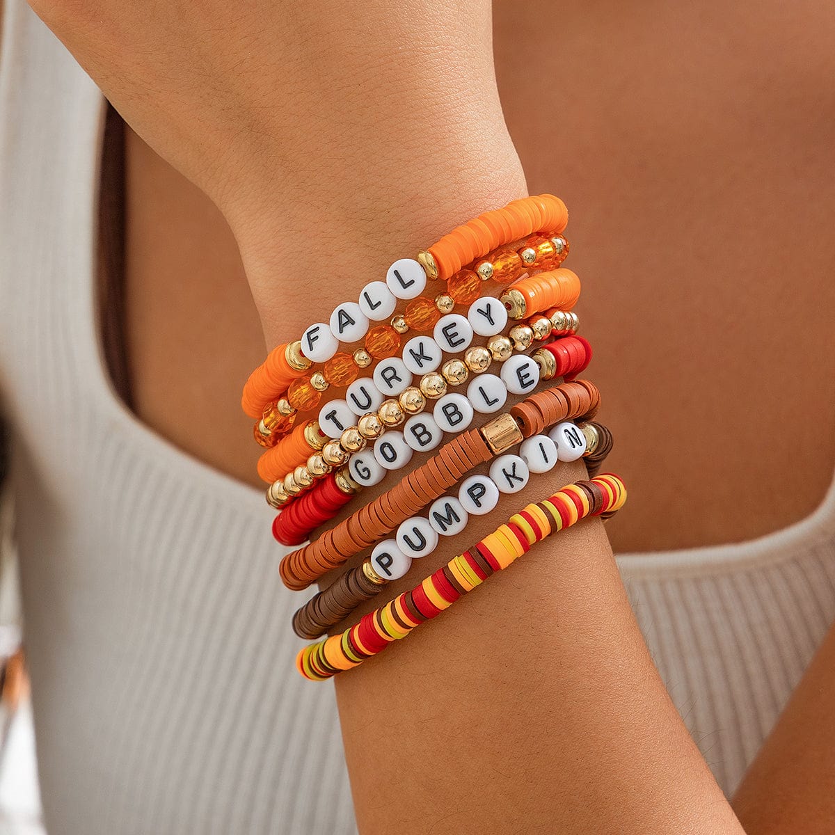 8 Pcs Thanksgiving Theme Crystal Letter Polymer Clay Beaded Stackable Bracelet Set