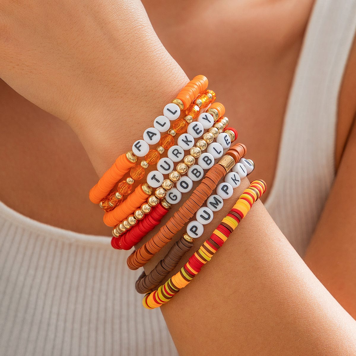 8 Pcs Thanksgiving Theme Crystal Letter Polymer Clay Beaded Stackable Bracelet Set