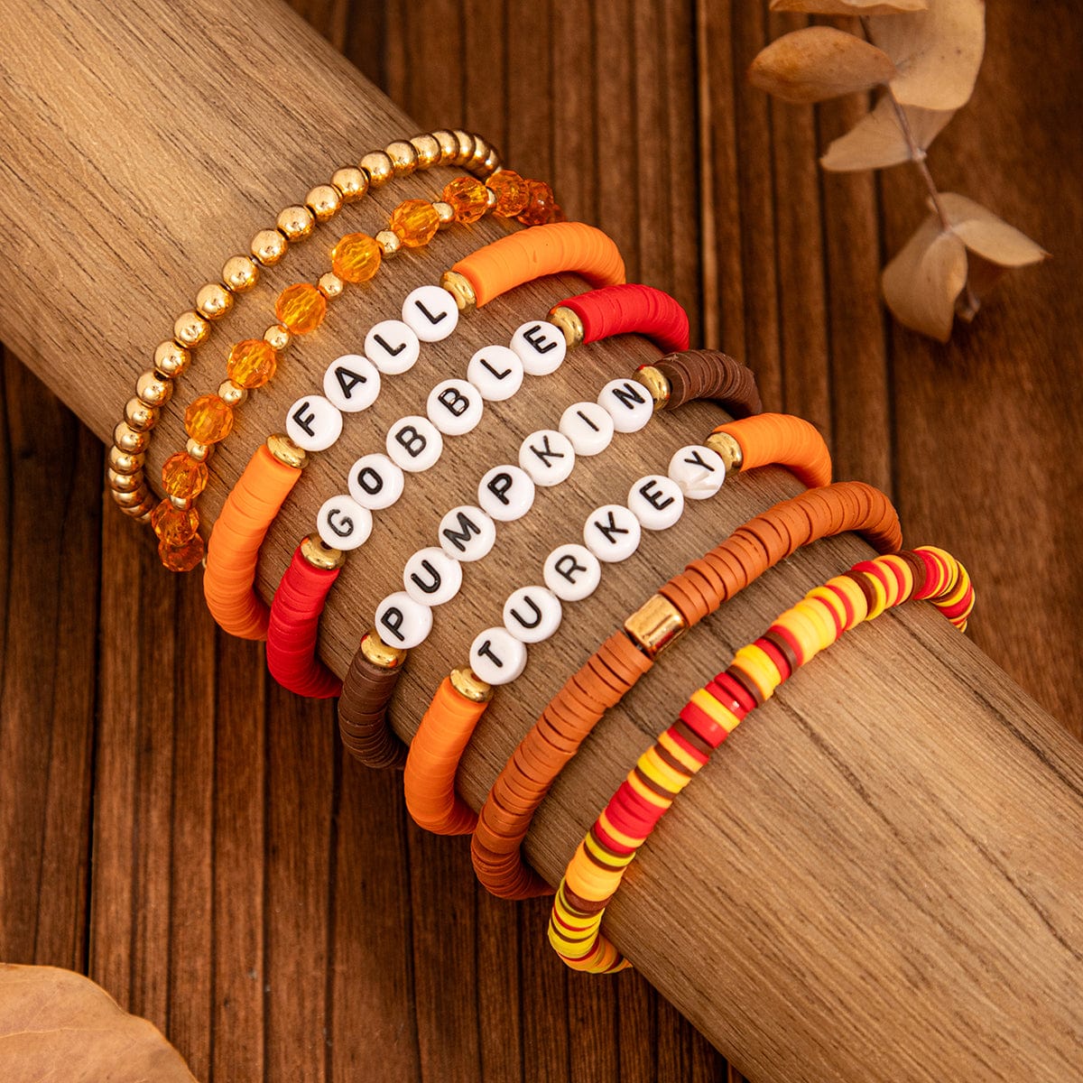 8 Pcs Thanksgiving Theme Crystal Letter Polymer Clay Beaded Stackable Bracelet Set