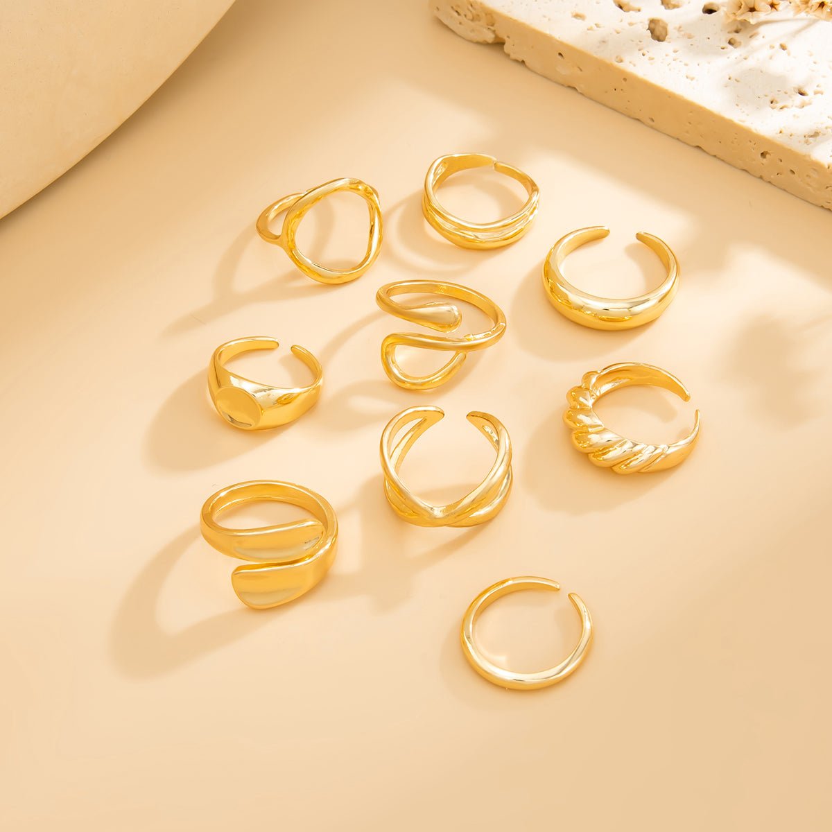 9 Pcs Gold Silver Tone Hollow Waterdrop Cross Twisted Ring Set - ArtGalleryZen