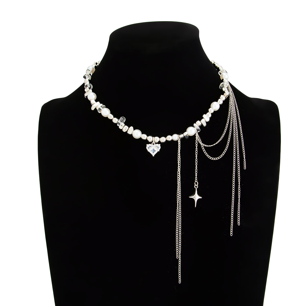 Chic Rhinestone Heart Pendant Pearl Irregular Beaded Chain Tassel Choker Necklace