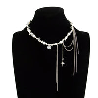 Thumbnail for Chic Rhinestone Heart Pendant Pearl Irregular Beaded Chain Tassel Choker Necklace
