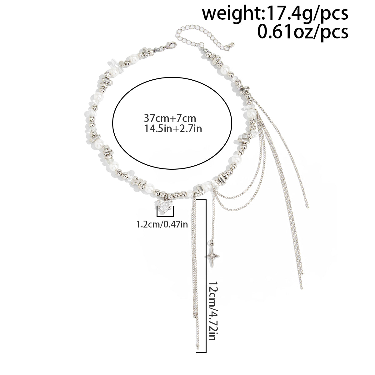 Chic Rhinestone Heart Pendant Pearl Irregular Beaded Chain Tassel Choker Necklace