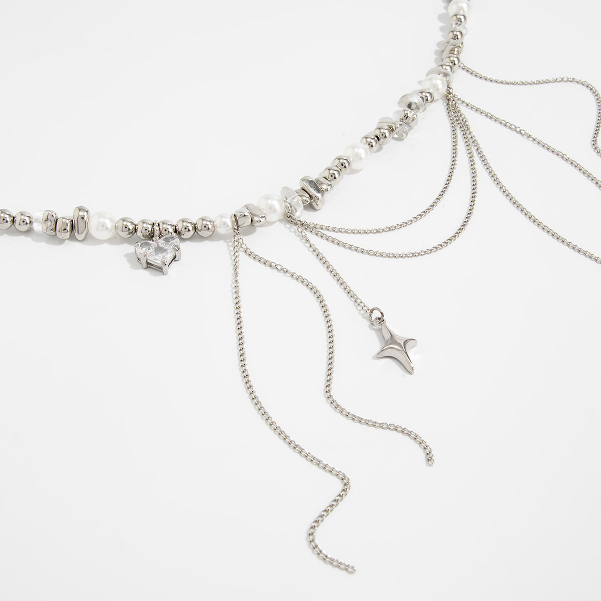 Chic Rhinestone Heart Pendant Pearl Irregular Beaded Chain Tassel Choker Necklace