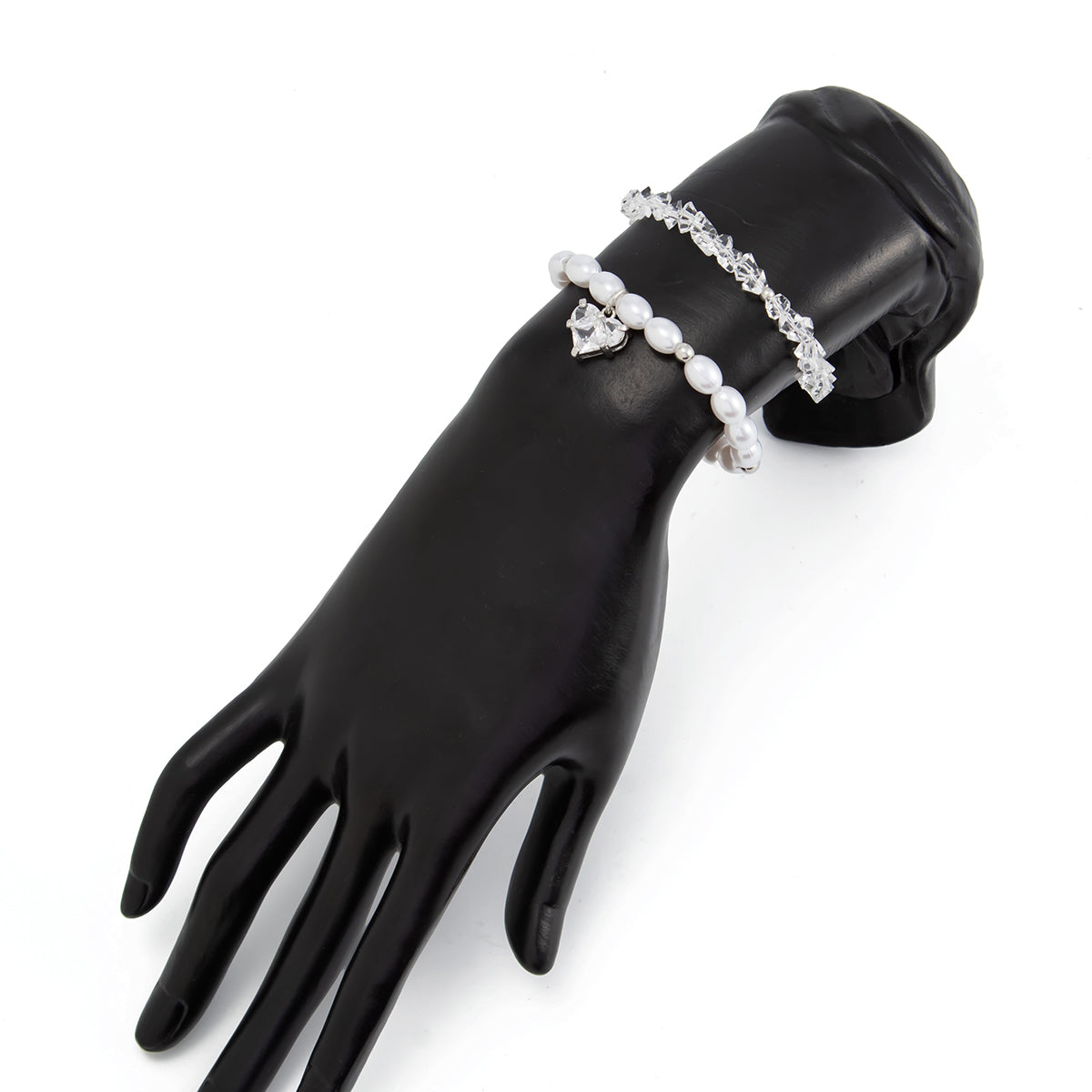 Elegant 2pcs Rhinestone Heart Charm Crystal Pearl Chain Bracelet Set