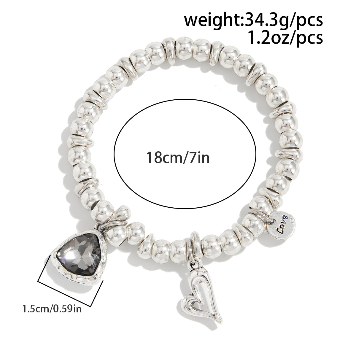 Charming Rhinestone Love Heart Pendant Beaded Chain Bracelet