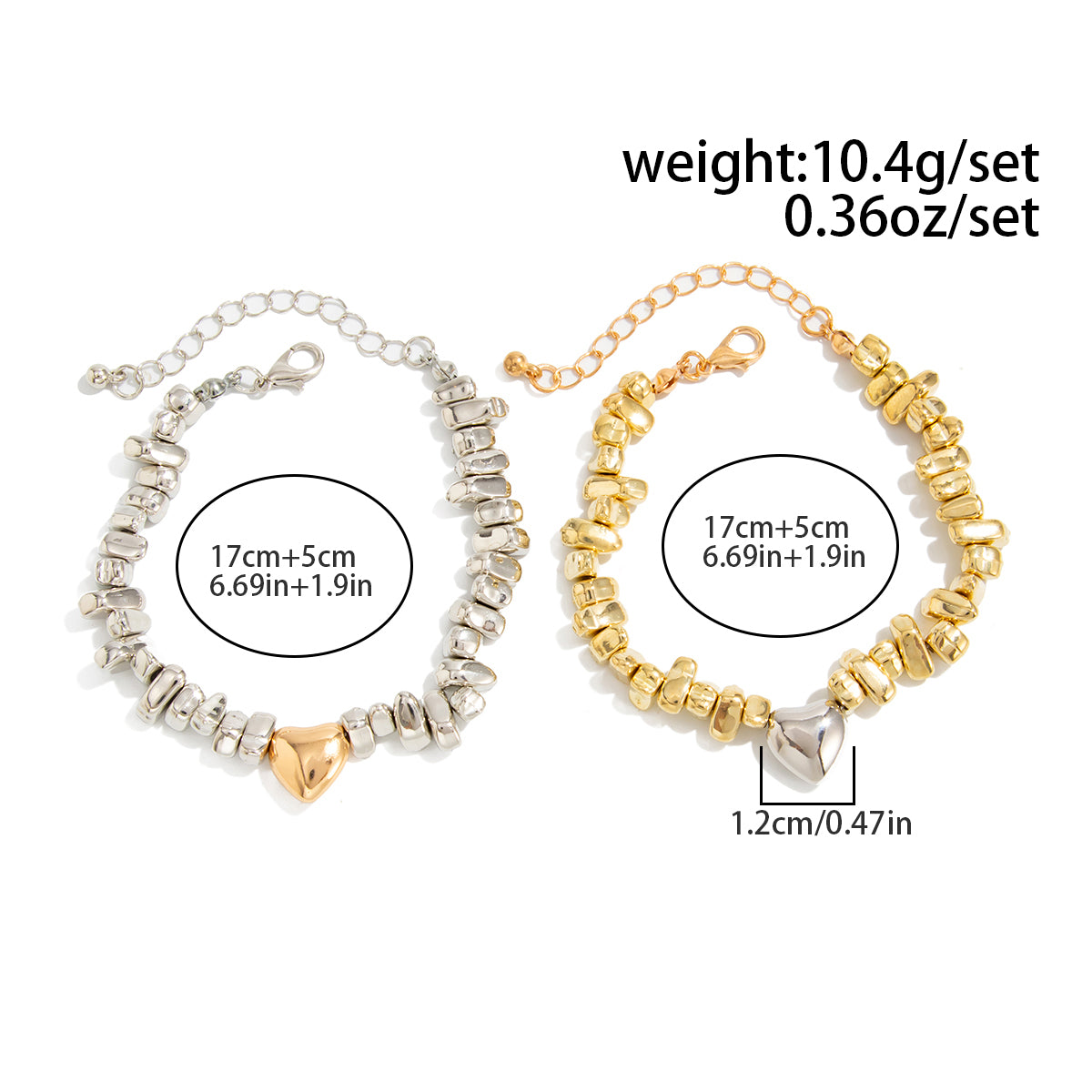 Stylish Two Tone Heart Charm Irregular Beaded Bracelet Set