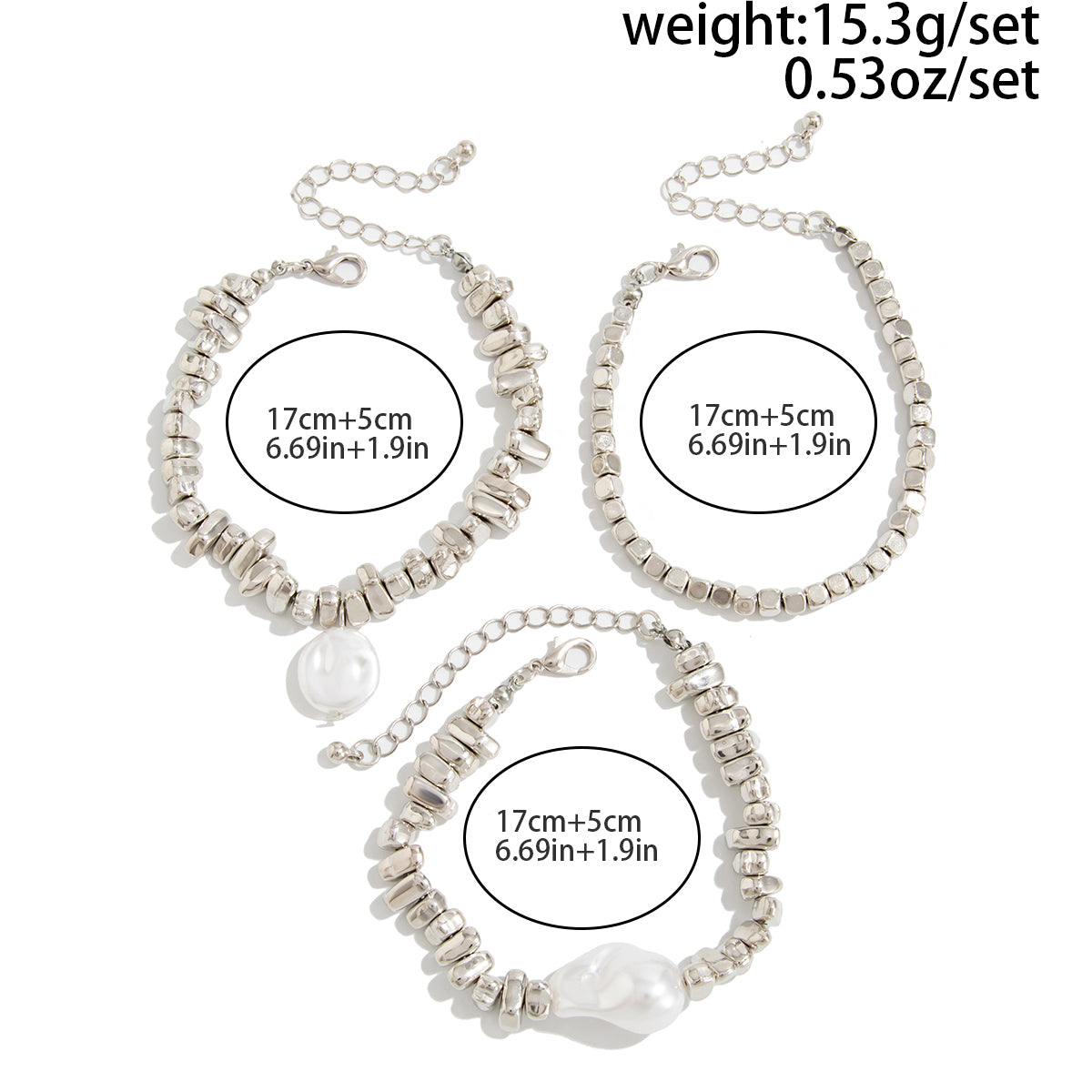 Chic Silver Tone Pearl Charm Irregular Square Beaded Bracelet Set