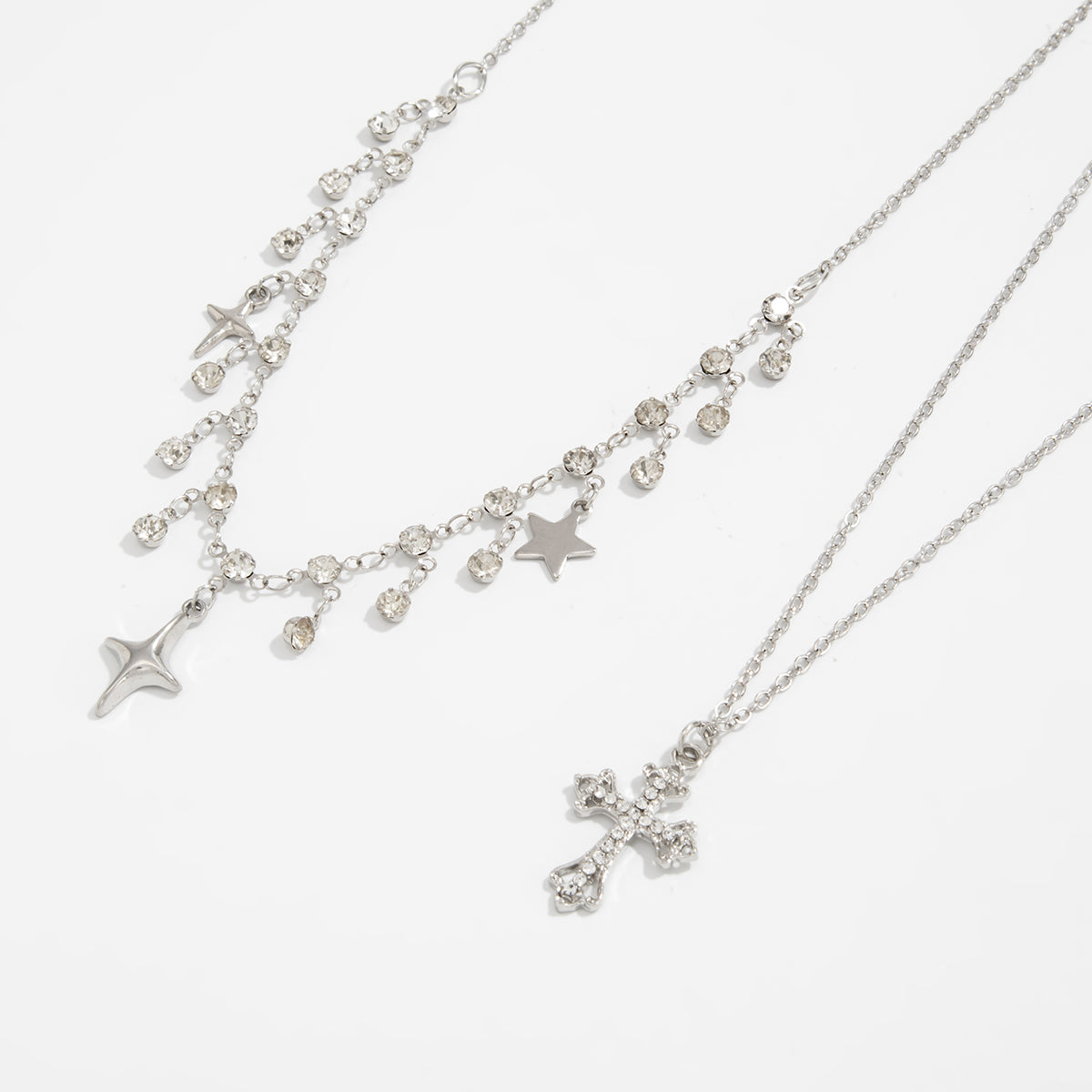 Chic Layered Cross Star Tassel Rhinestone Chain Necklace Set