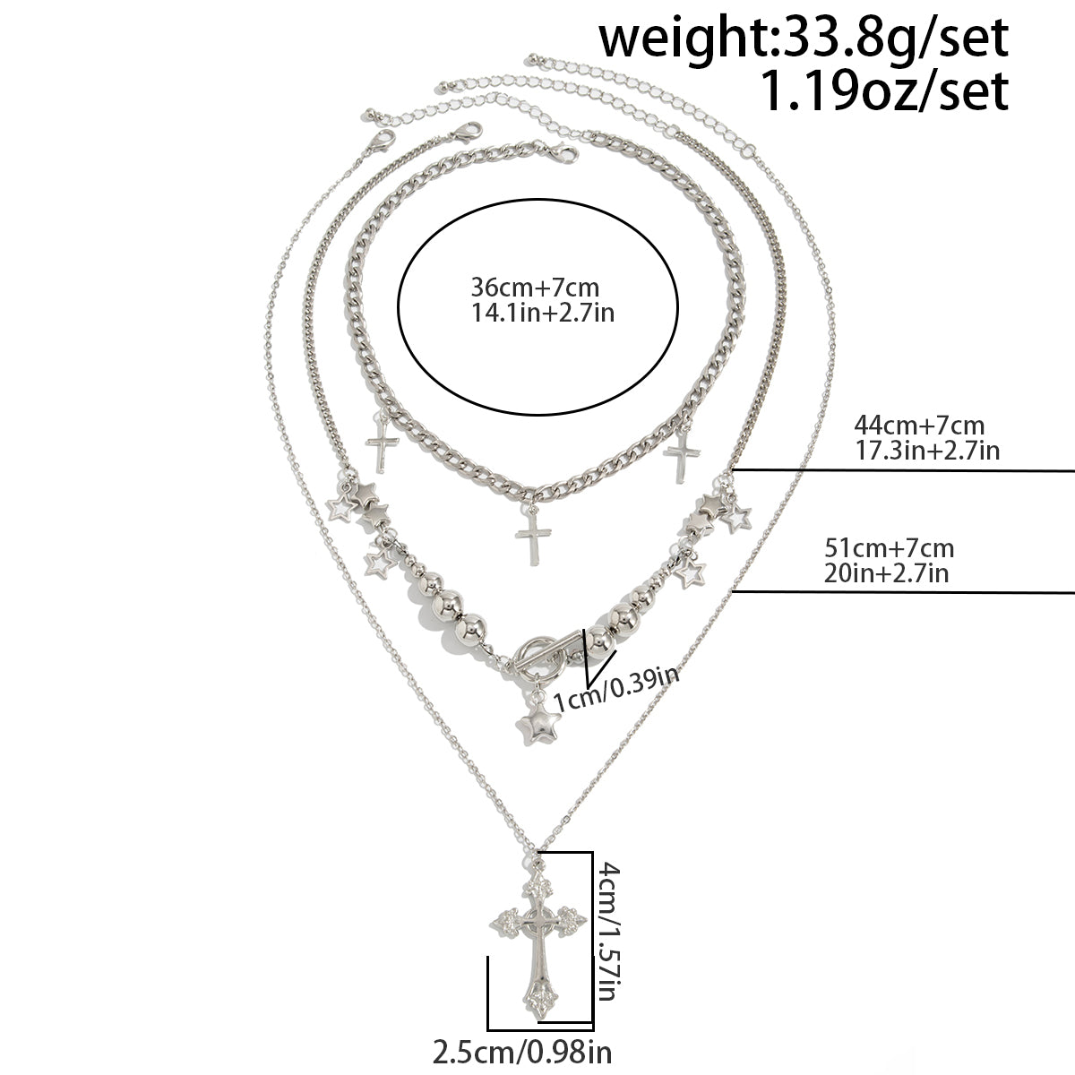 3-Piece Toggle Clasp Necklace Set - Cross Star Pendant Layered Jewelry