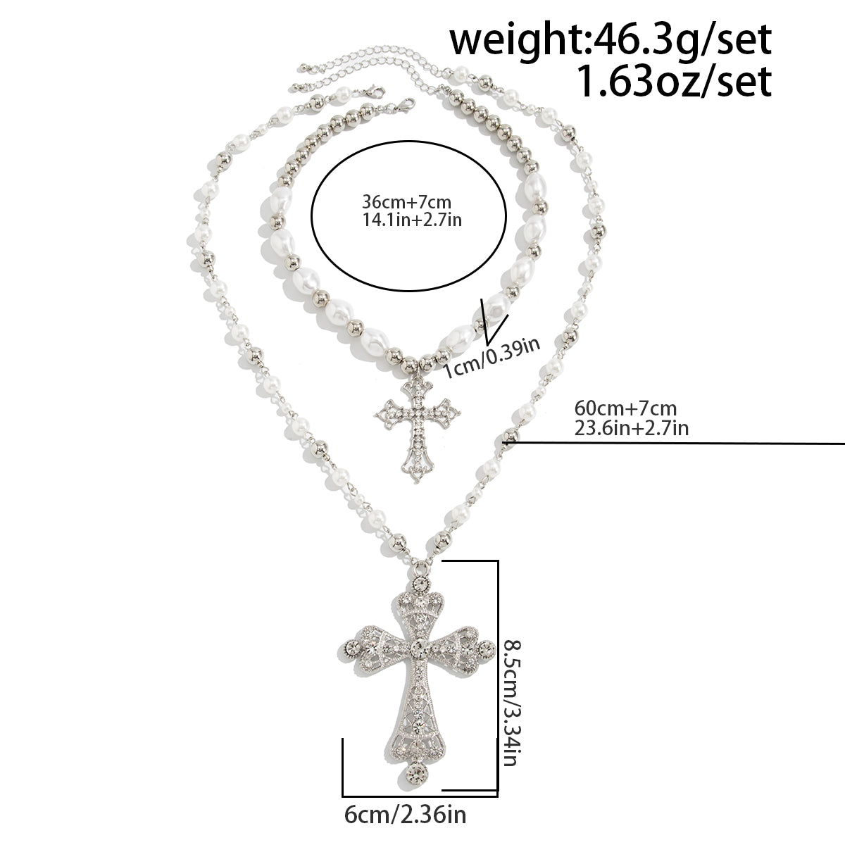 Baroque 2pcs Rhinestone Inlaid Cross Pendant Pearl Chain Necklace Set