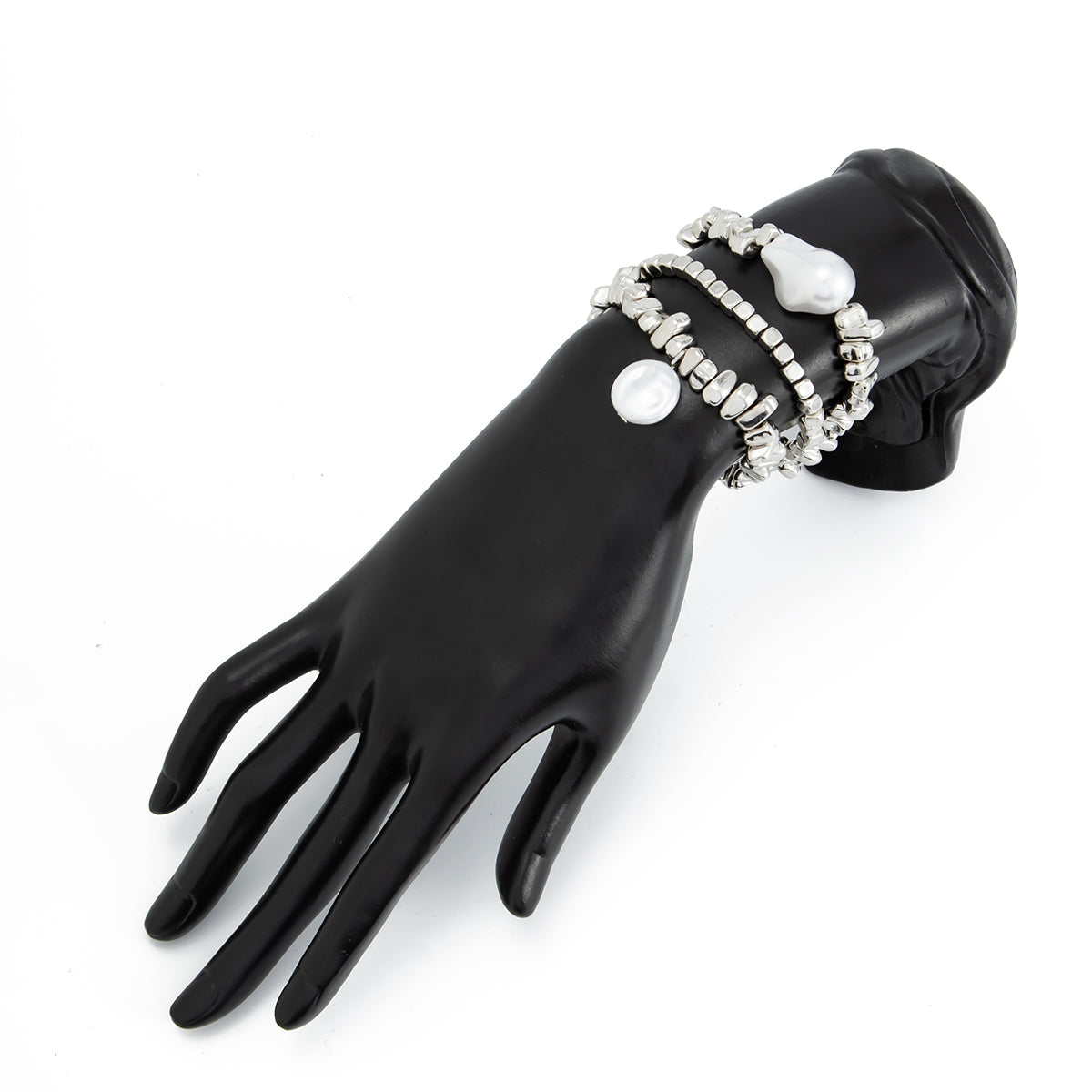 Chic Silver Tone Pearl Charm Irregular Square Beaded Bracelet Set