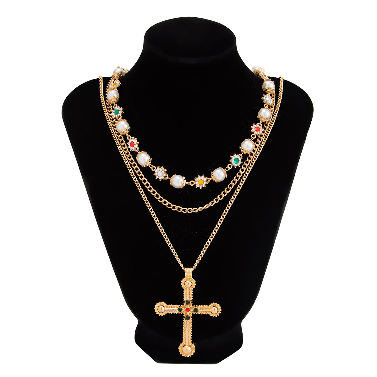 Chic Gold Silver Tone Cross Pendant Pearl Rhinestone Chain Necklace Set