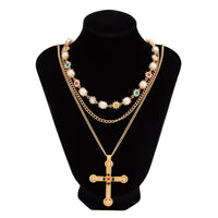 Thumbnail for Chic Gold Silver Tone Cross Pendant Pearl Rhinestone Chain Necklace Set
