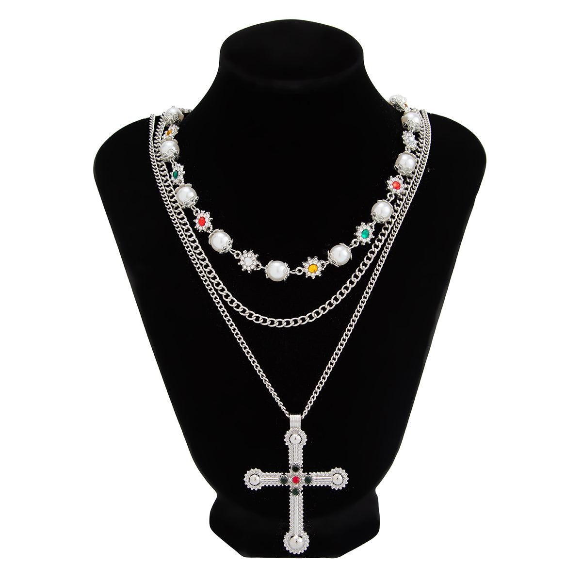 Chic Gold Silver Tone Cross Pendant Pearl Rhinestone Chain Necklace Set