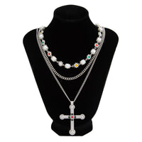 Thumbnail for Chic Gold Silver Tone Cross Pendant Pearl Rhinestone Chain Necklace Set