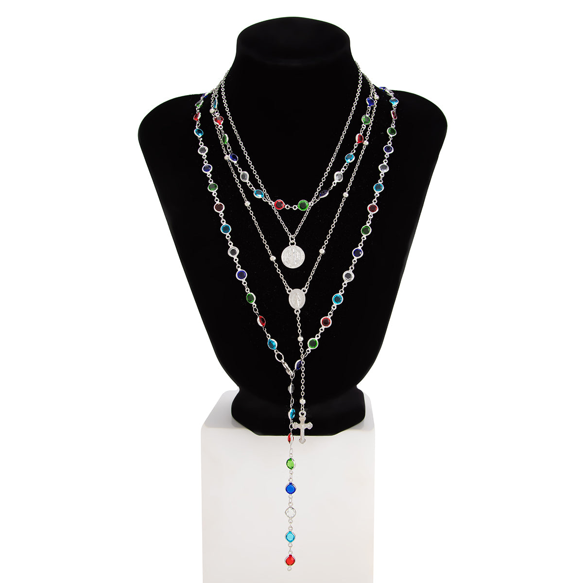 Baroque 4pcs Cross Round Disk Pendant Crystal Chain Y Necklace Set