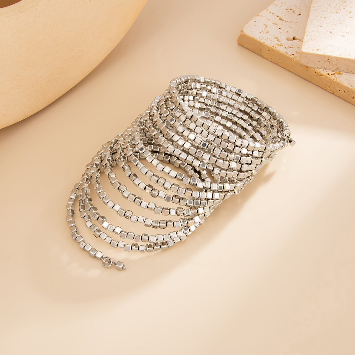 Geometric Layered Gold Silver Tone Square Beaded Bracelet