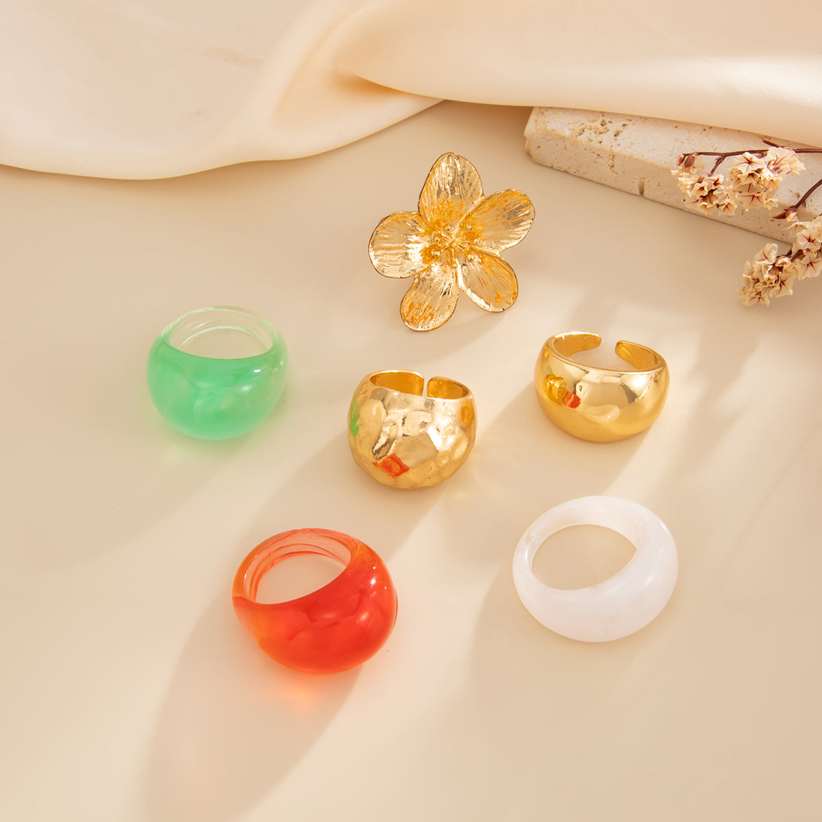 Boho Flower Ring Set 6pcs - Chunky Gradient Resin Statement Rings