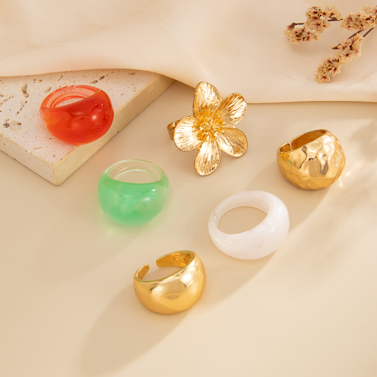 Boho Flower Ring Set 6pcs - Chunky Gradient Resin Statement Rings