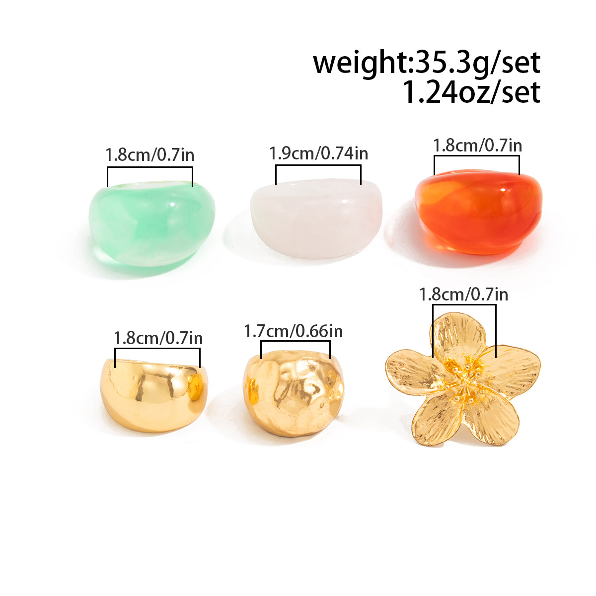 Boho Flower Ring Set 6pcs - Chunky Gradient Resin Statement Rings
