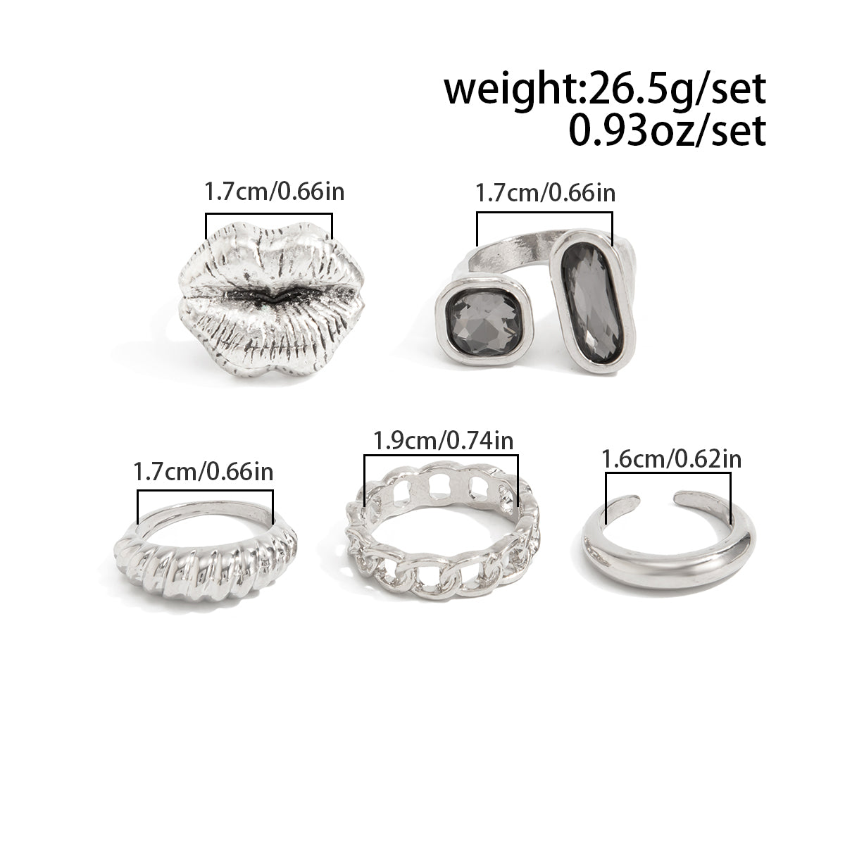 Rhinestone Ring Set 5pcs - Lip Hollow Twisted Statement Rings