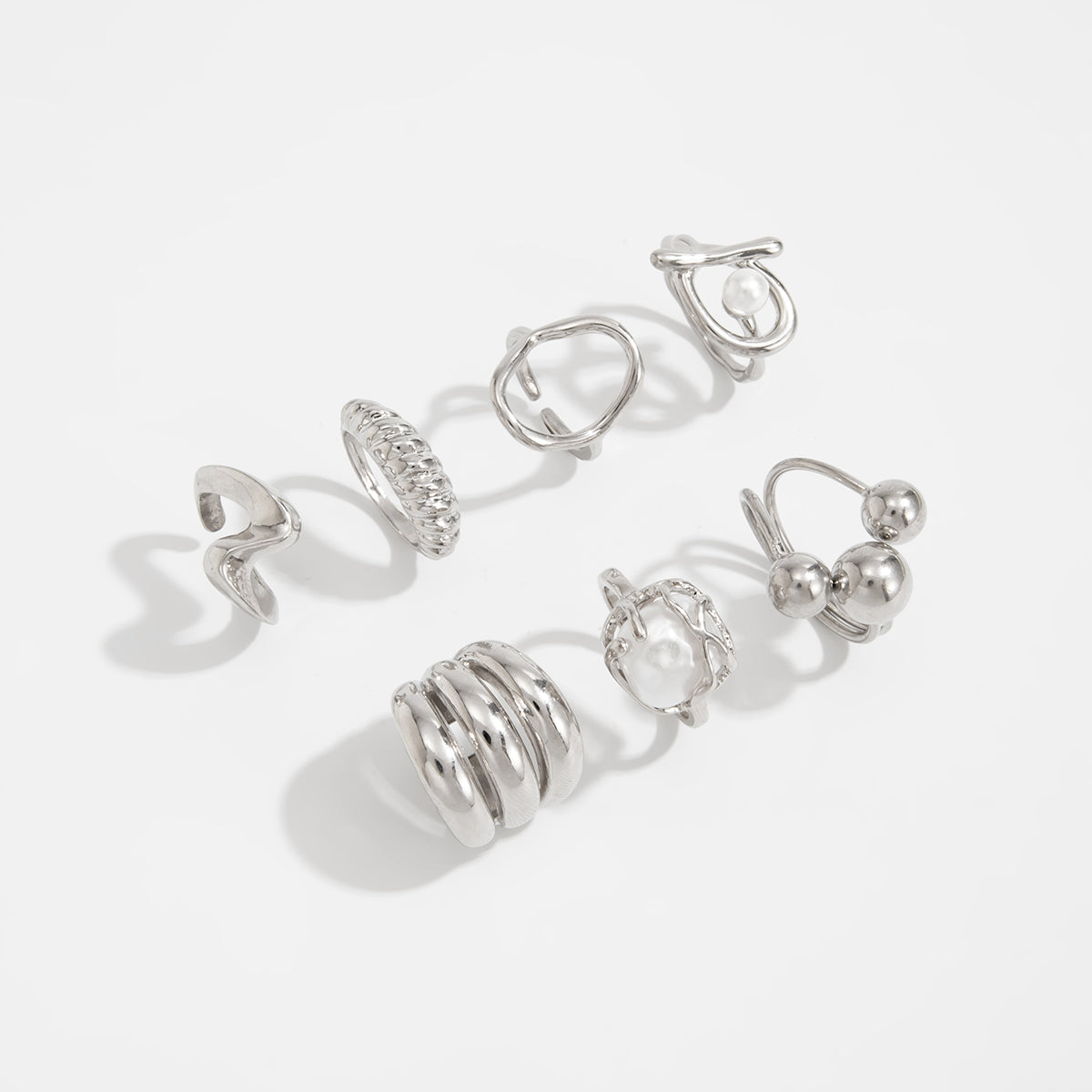 Pearl Ring Set 7pcs - Geometric Irregular Hollow Curved Statement