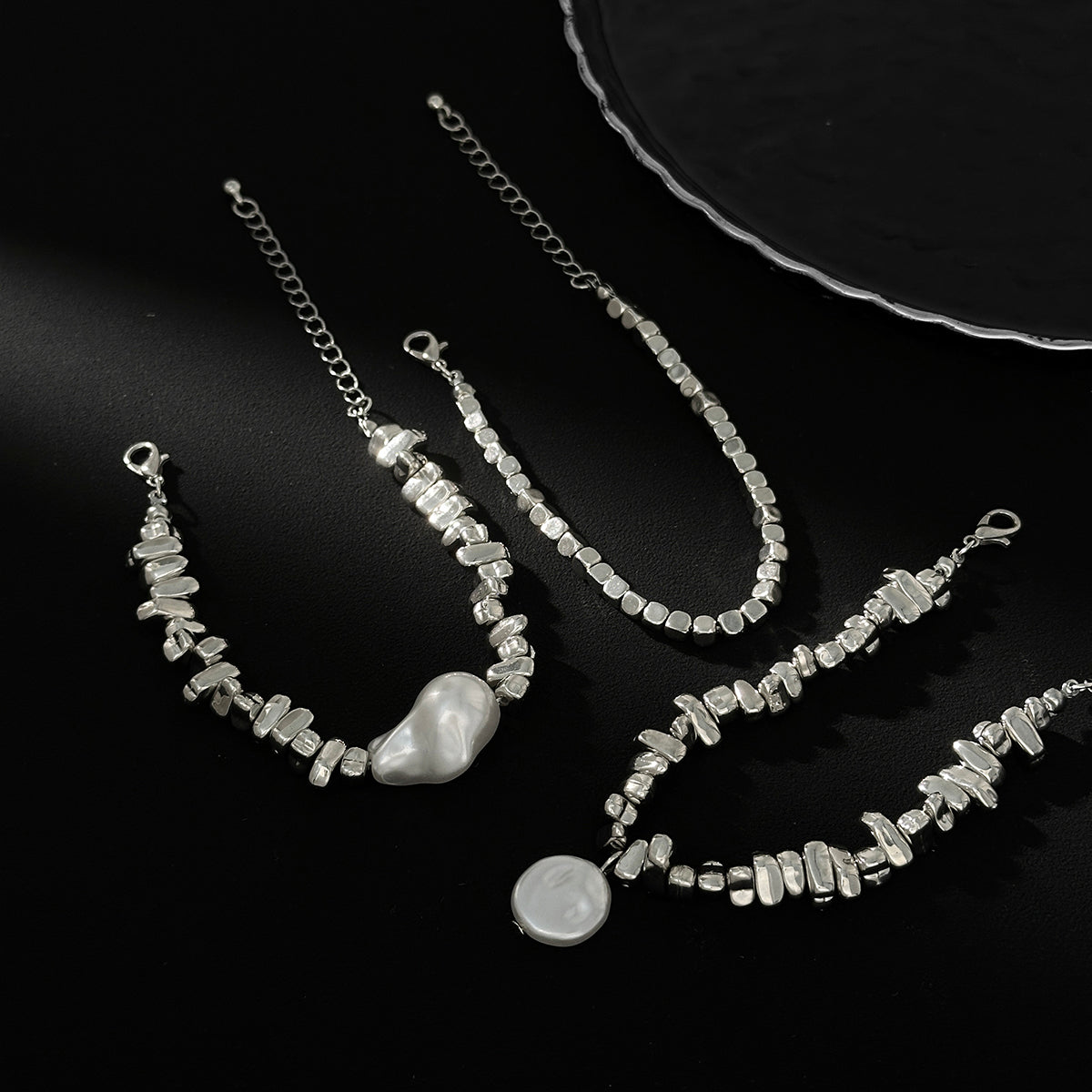 Chic Silver Tone Pearl Charm Irregular Square Beaded Bracelet Set